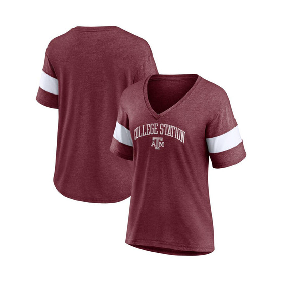 Women's Branded Heathered Maroon Texas A M Aggies Arched City Sleeve-Striped Tri-Blend V-Neck T-shirt