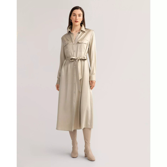 Sand-washed Pocket Long Silk Trench Dress for Women
