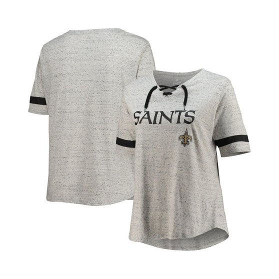 Women's Heathered Gray New Orleans Saints Plus Size Lace-Up V-Neck T-shirt