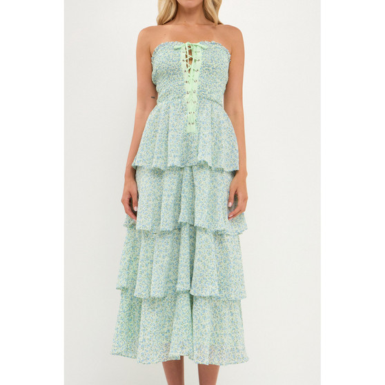 Women's Gridded Texture Floral Smocked Tiered Maxi Dress