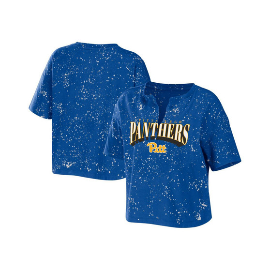 Women's Royal Pitt Panthers Bleach Wash Splatter Notch Neck T-shirt