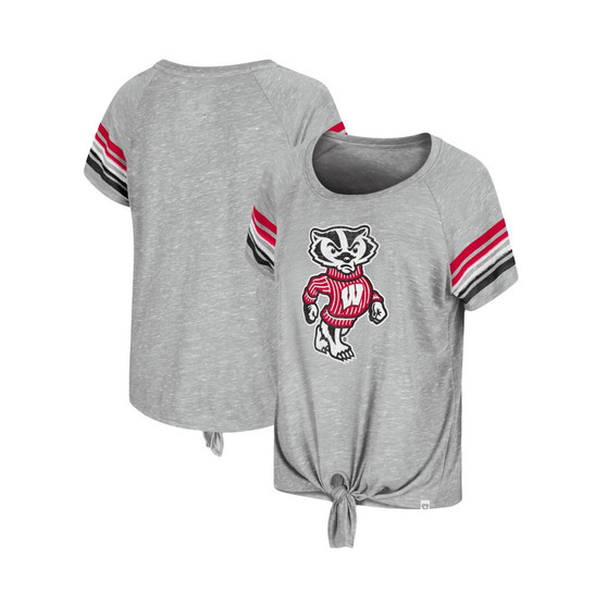 Women's Heathered Gray Wisconsin Badgers Boo You Knotted Raglan T-Shirt