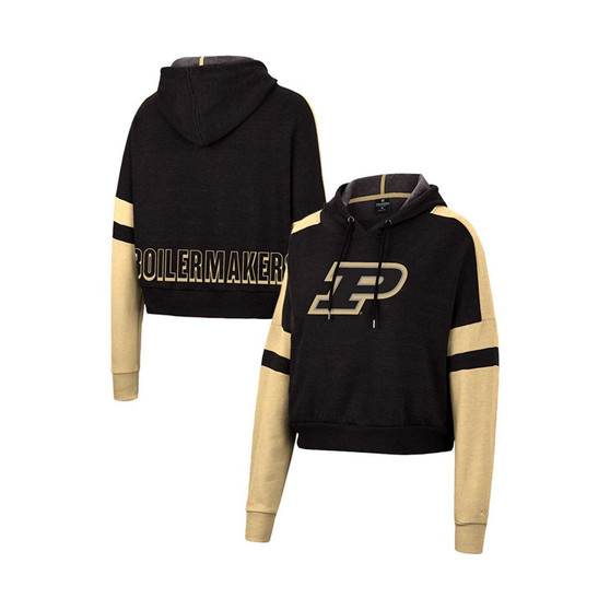 Women's Heather Black Purdue Boilermakers Throwback Stripe Arch Logo Cropped Pullover Hoodie