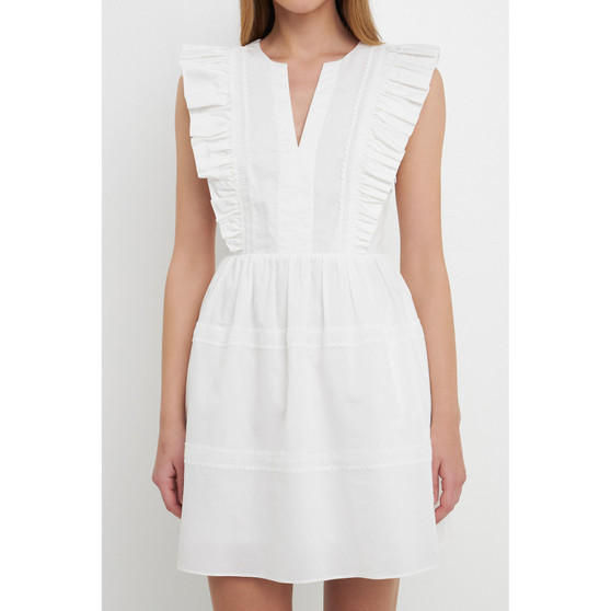 Women's Lace Trimmed V Placketed Ruffled Mini Dress