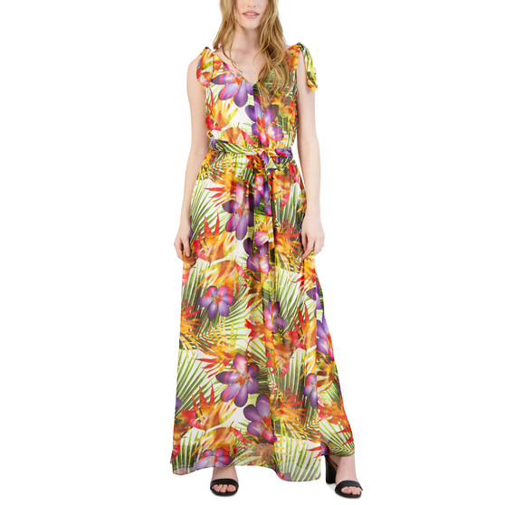 Women's Printed Tie-Shoulder Maxi Dress