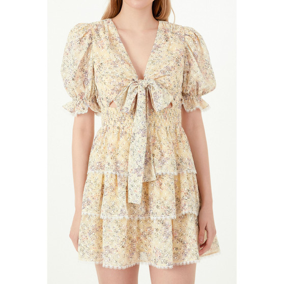 Women's Embroidered Chiffon Tiered Front Bow Tie Mini Dress