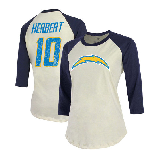 Women's Justin Herbert Cream, Navy Los Angeles Chargers Player Raglan Name Number 3/4 Sleeve T-shirt