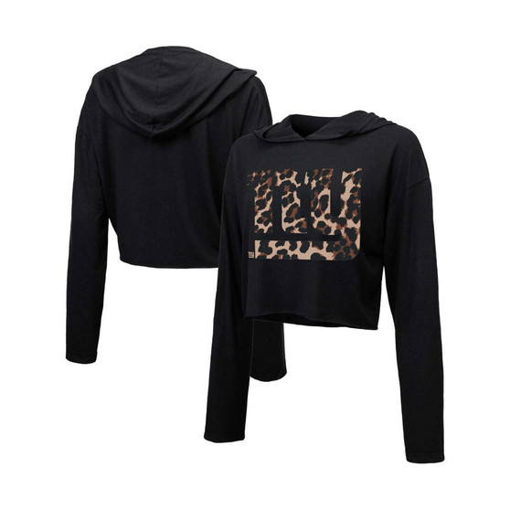 Women's Threads Black New York Giants Leopard Cropped Pullover Hoodie