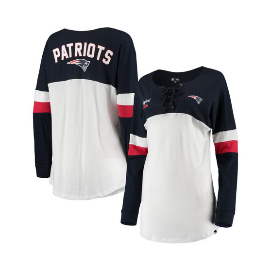 Women's White, Navy New England Patriots Athletic Varsity Lace-Up V-Neck Long Sleeve T-shirt