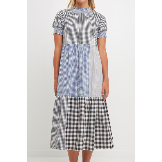 Women's Patchwork Gingham Midi Dress