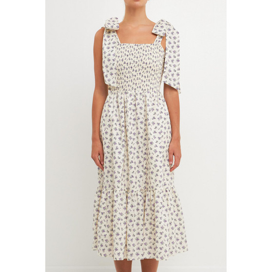 Women's Floral Bow Tie Midi Dress