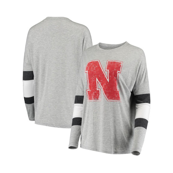 Women's Heathered Gray Nebraska Huskers Swell Stripe Long Sleeve T-shirt