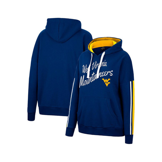 Women's Navy West Virginia Mountaineers Serena Oversized Sleeve Striping Pullover Hoodie
