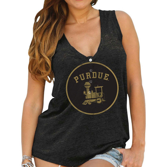 Women's Purdue Boilermakers Black Relaxed Henley Tank Top