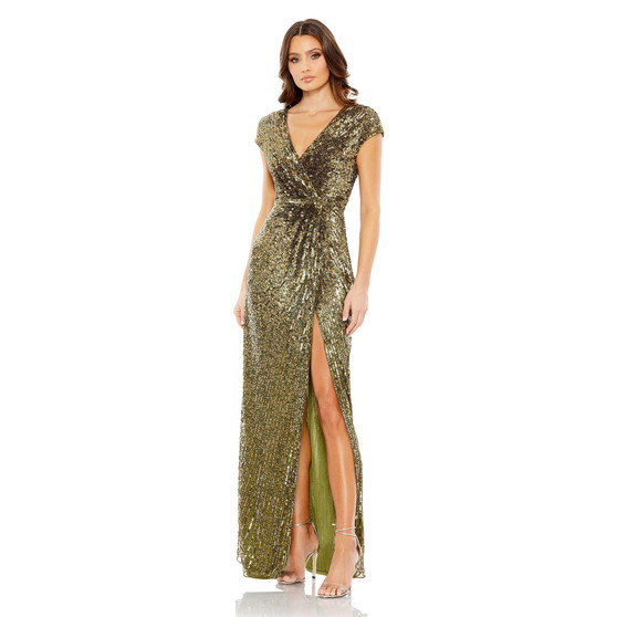 Women's Sequined Faux Wrap Cap Sleeve Gown