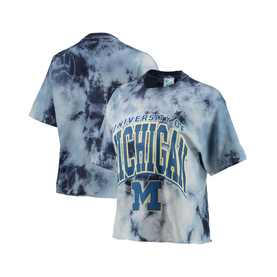 Women's '47 White, Navy Michigan Wolverines Vintage-Like Tubular Tie-Dye Crop T-shirt