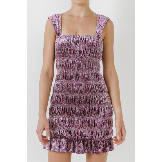 Women's Floral Smocked Velvet Mini Dress