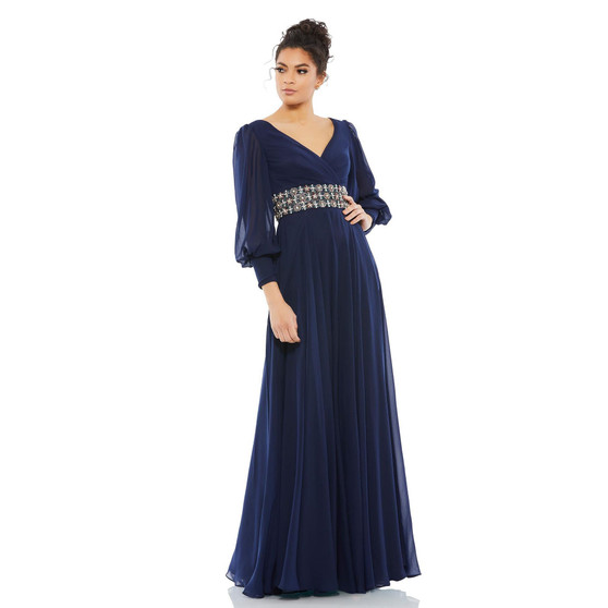 Women's Bishop Sleeve Wrap Over Belt Detail Flowy Gown