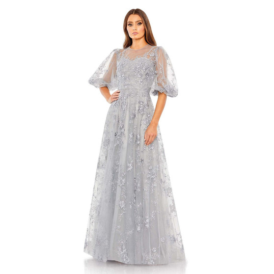 Women's Embroidered Illusion High Neck Puff Sleeve A Line