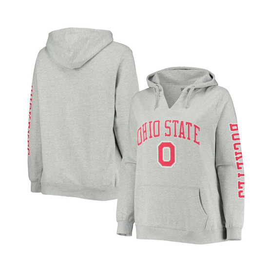 Women's Heathered Gray Ohio State Buckeyes Plus Size Arch Logo Campus 2-Hit V-Neck Pullover Hoodie