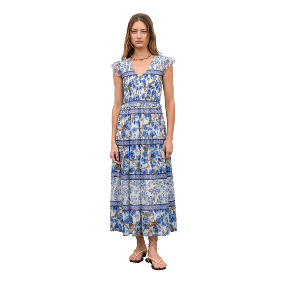 Women's Ruffle Sleeve Smocked Print Midi Dress