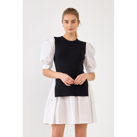 Women's Mixed Media Puff Sleeve Mini Dress