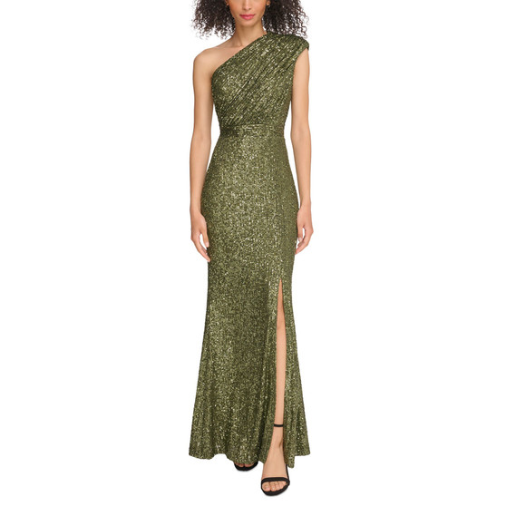 Petite One-Shoulder Slit-Front Sequin Gown
