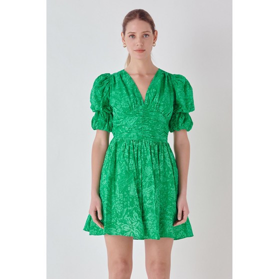 Women's Floral Puff Sleeves Dress with Ruched Waist