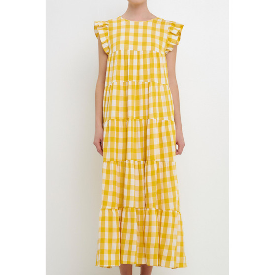 Women's Textured Gingham Maxi Tiered Baby Doll Dress