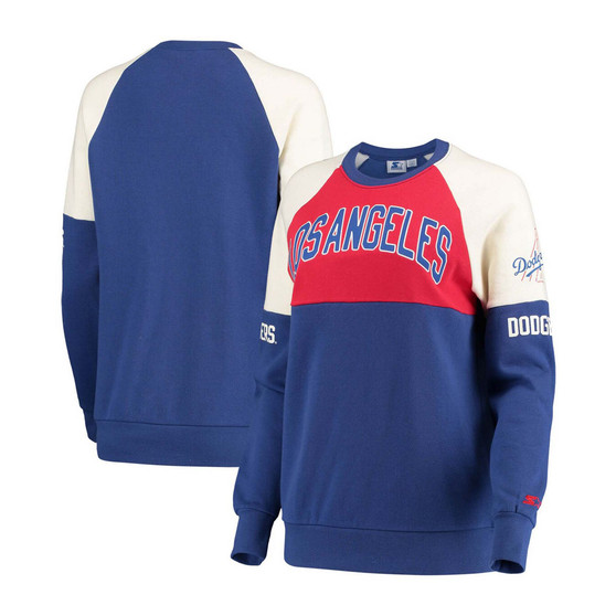 Women's Red-Royal Los Angeles Dodgers Baseline Raglan Historic Logo Pullover Sweatshirt