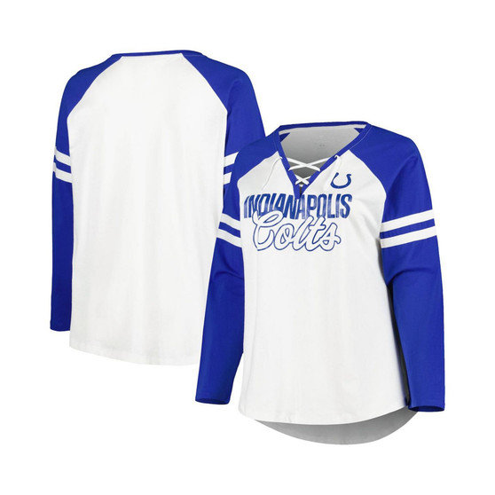 Women's Branded Royal, White Indianapolis Colts Plus Size True to Form Lace-Up V-Neck Raglan Long Sleeve T-shirt