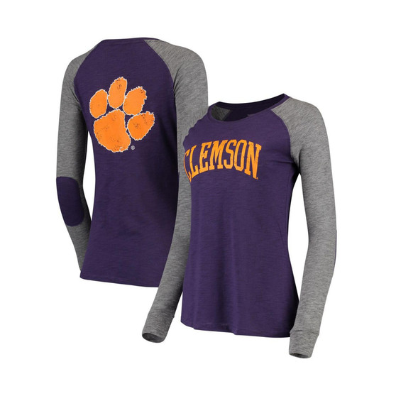 Women's Purple and Gray Clemson Tigers Preppy Elbow Patch 2-Hit Arch and Logo Long Sleeve T-shirt