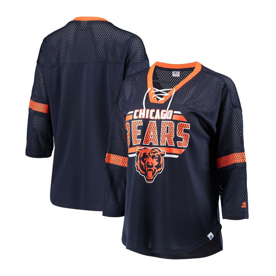 Women's Navy Chicago Bears Lead Game Lace-Up V-Neck 3/4 Sleeve T-shirt