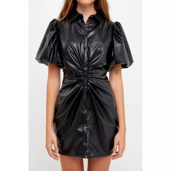 Women's PU Leather Button Closure Mini Dress