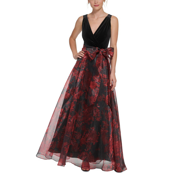 Women's V-Neck Mixed-Media Organza Gown