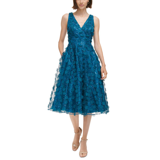 Petite V-Neck Sequin Floral Fit & Flare Dress