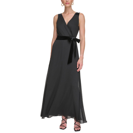 Women's Faux-Wrap Belted Sleeveless Gown