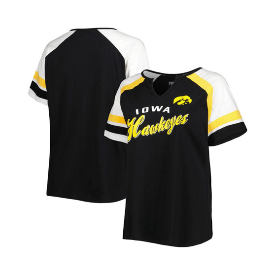Women's Black Iowa Hawkeyes Plus Size Arch Raglan Notch Neck T-shirt
