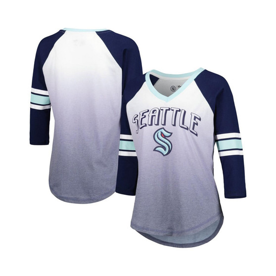 Women's Deep Sea Blue Seattle Kraken Lead Off Tri-Blend Raglan 3/4-Sleeve V-Neck T-shirt