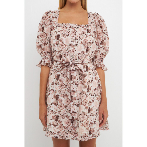Women's Floral Linen Mini Dress with Tie