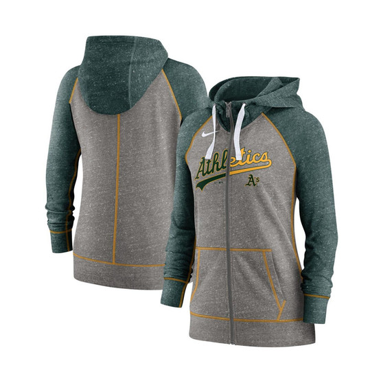Women's Heathered Charcoal and Heathered Green Oakland Athletics Split Wordmark Gym Vintage-Like Raglan Full-Zip Hoodie