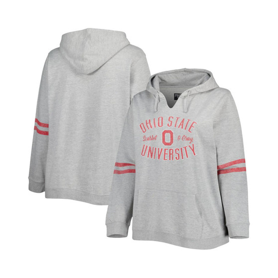 Women's Heather Gray, Scarlet Ohio State Buckeyes Plus Size Distressed Sleeve Stripe Pullover Hoodie