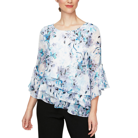 Women's Tiered Asymmetrical-Hem Printed Chiffon Blouse