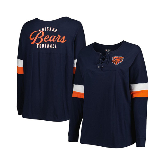 Women's Navy Chicago Bears Plus Size Athletic Varsity Lace-Up V-Neck Long Sleeve T-shirt