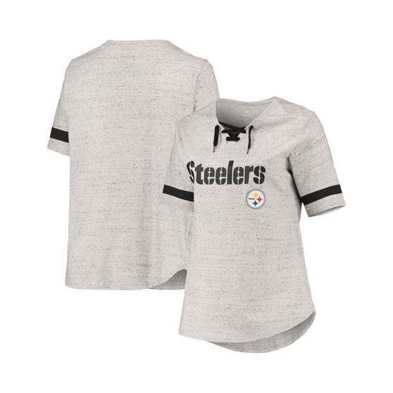 Women's Heathered Gray Pittsburgh Steelers Plus Size Lace-Up V-Neck T-shirt