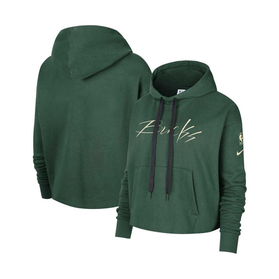 Women's Hunter Green Milwaukee Bucks Split Flip Courtside Cropped Pullover Hoodie