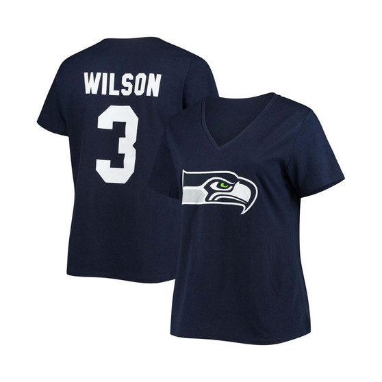 Women's Plus Size Russell Wilson College Navy Seattle Seahawks Name Number V-Neck T-shirt