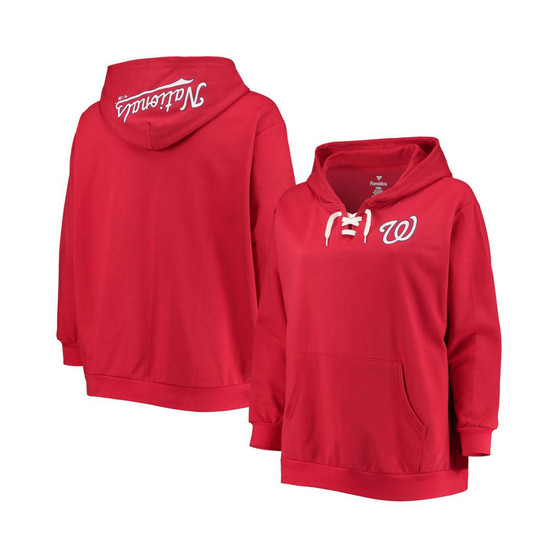 Women's Red Washington Nationals Plus Size Lace-Up V-Neck Pullover Hoodie