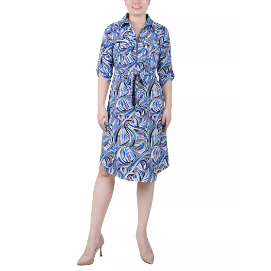 Petite 3/4 Roll Tab Zip Front Shirtdress