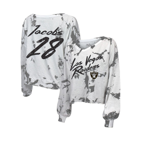 Women's Threads Josh Jacobs White Las Vegas Raiders Off-Shoulder Tie-Dye Name and Number Long Sleeve V-Neck Crop-Top T-shirt